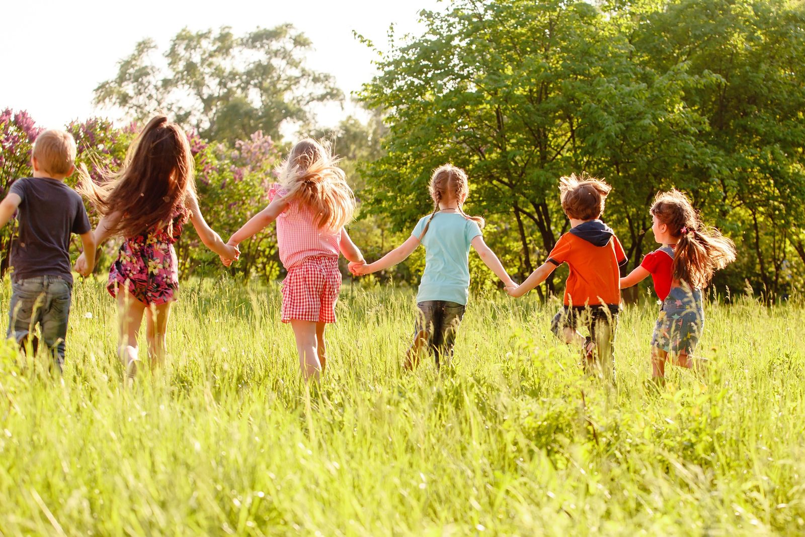 Kinder halten sich an den Haenden und laufen ueber ein Feld